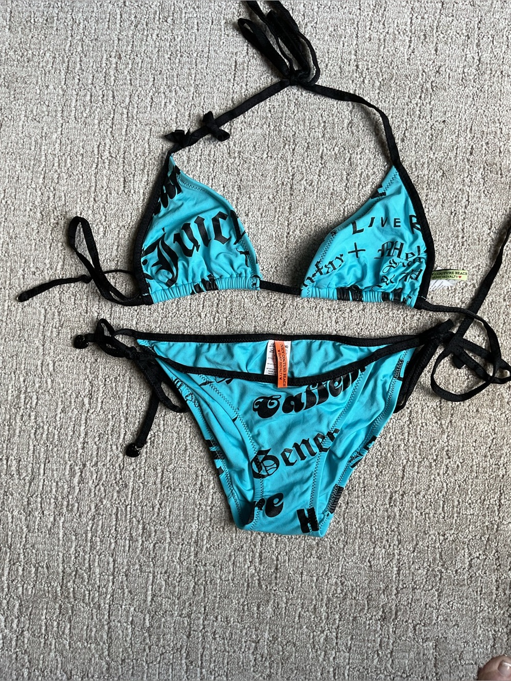 Juicy Couture Turquoise and Black Script Tie-Side Bikini Top L bottom S